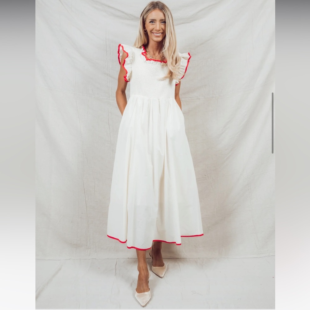 Elegant White Midi Dress with Red Trim Piper & Scoot Midgley - Picture 4 of 7